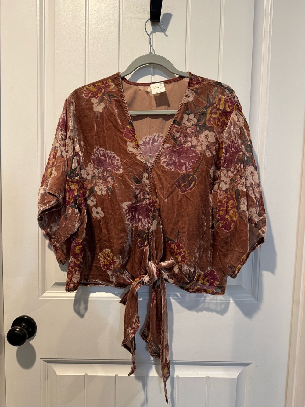 By Together Brown Velvet Floral Tie-Front Blouse